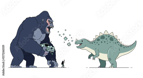 Giant gorilla and dinosaur battle against tiny human fighter in epic clash