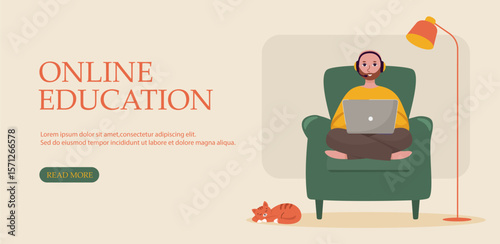 Man learning from home in cozy armchair with laptop. Flat illustration banner for online education, digital training and remote study.