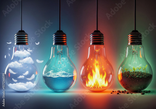 Lightbulbs containing elements of nature: air, water, fire, earth.