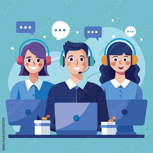 Friendly customer service representatives with headsets at computers in a modern workplace