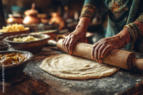 Making Aloo Paratha in Punjab North India A woman rolls whole wheat dough filled with mashed potatoes Served with raita and dal makhani