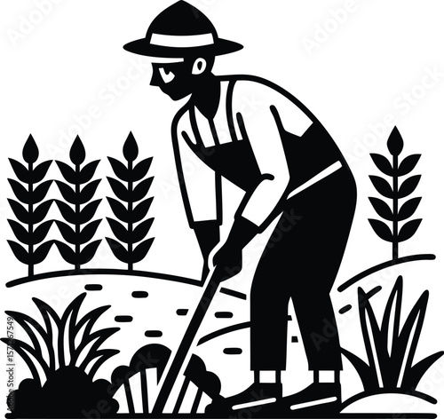 Cartoon vector illustration of an old woman farmer with a hat, holding a stick, and walking in the field, manual, old lady, farmer hat, smiling, casual, peaceful, sunny