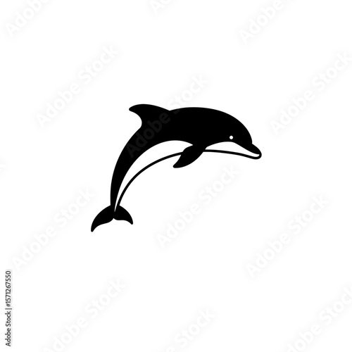 Black dolphin icon jumping in a minimalist vector style. Marine animals species, protection and aquatic environment