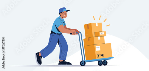 Delivery person pushing a trolley stacked with cardboard boxes and parcels