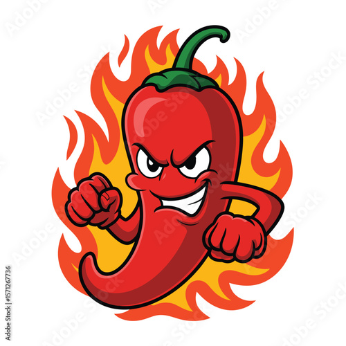 Fiery red chili pepper character with fists raised in a determined pose