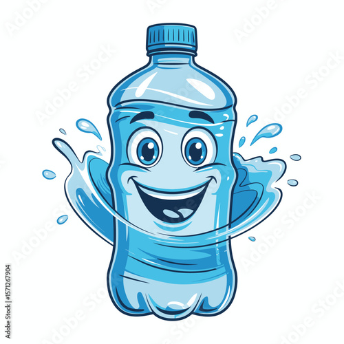Happy cartoon water bottle character with splashing water and a friendly smile