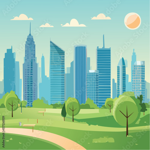 Nature park in a metropolitan city, tall skyscraper