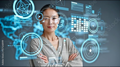 Woman and Holographic Interface: A confident woman with arms crossed stands calmly amidst a futuristic holographic interface, displaying various digital data and interactive elements.