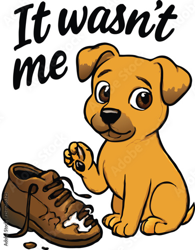 Guilty Puppy Shoe Art – "It Wasn’t Me" – Cute Cartoon Dog with Chewed Shoe, Mischievous Pet Humor, Funny Dog Wall Decor, Animal Lover Gift