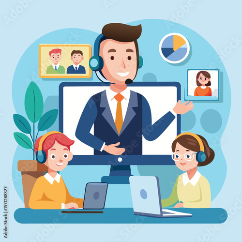 Illustration of a customer service team having a video conference meeting
