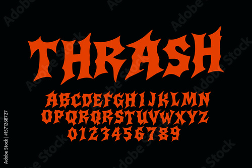 Horror font design. Punk, metal, thrash alphabet and number for your brand or band