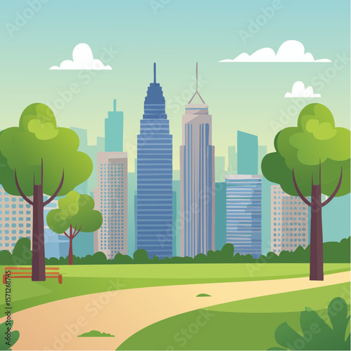 Nature park in a metropolitan city, tall skyscraper