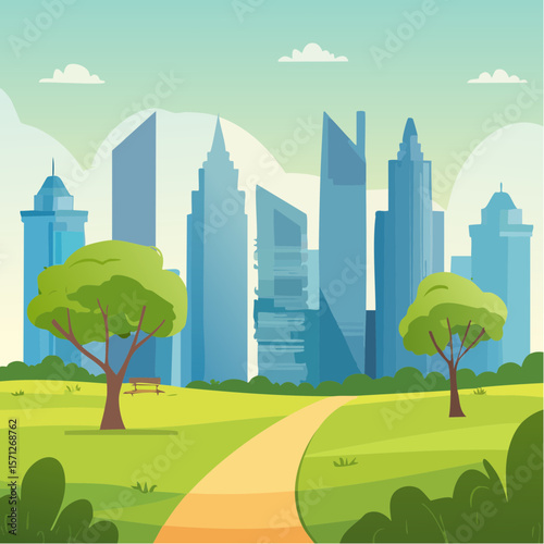 Nature park in a metropolitan city, tall skyscraper
