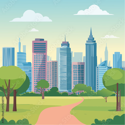 Nature park in a metropolitan city, tall skyscraper