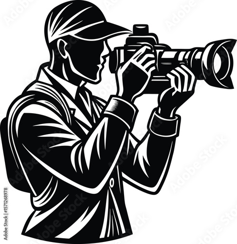 Professional photographer with camera and binoculars looking for the perfect shot, expression, composition, framing, scenery shot, moment, mission