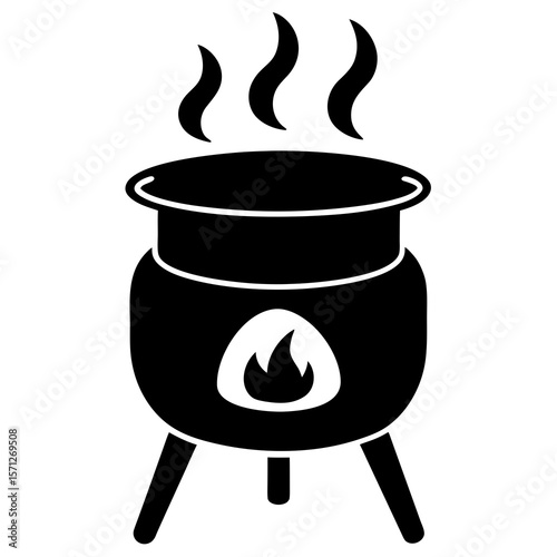 Black cauldron with steam and fire symbol vector