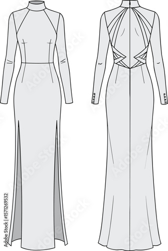 Women’s evening gown technical flat sketch, vector CAD fashion template with high slit, long sleeves, open back design.
