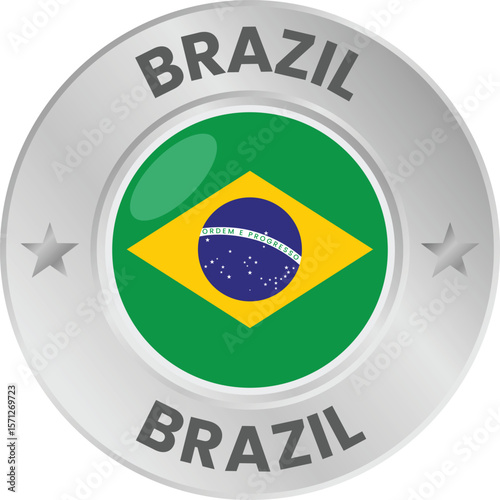 Brazil flag in silver colored medal. National flag in metal circle emblem.