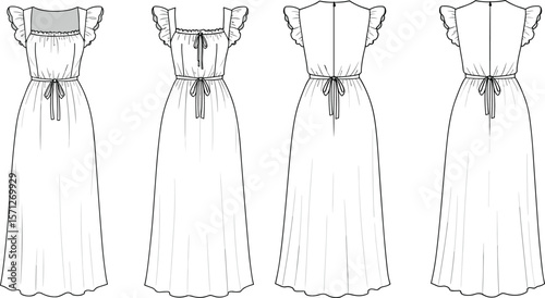 Women’s long dress, CAD fashion sketch, technical flat drawing, ruffle sleeve, bow detail, front and back view.