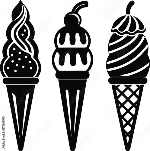 This set of delicious, creamy ice cream cone icons vividly illustrates a variety of cold, sweet dessert flavors perfect for summer, flavor variety, summer refreshment, dessert flavors