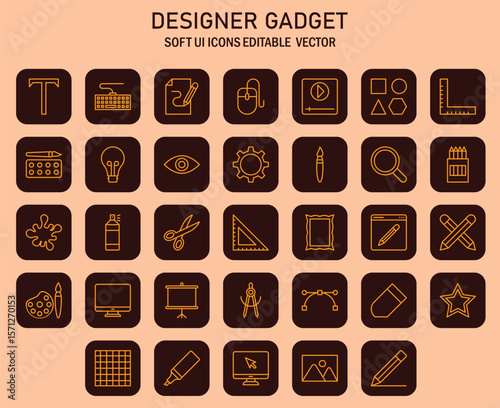 Compilation of UI Designer Gadgets and Creative Tool Icons Displayed in a Grid Pattern For Soft Interface Style
