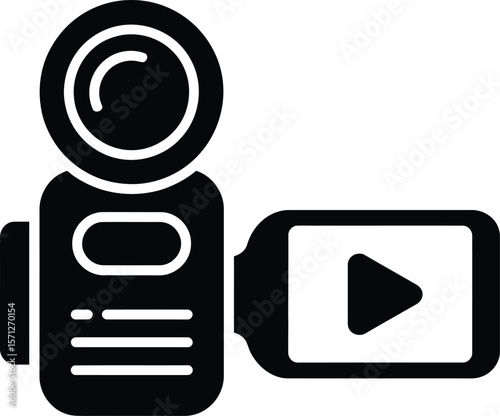 Simple Black and White Icon of a Traditional Camcorder with a Play Button on the Screen Representing Video Recording Filmmaking and Home Movies in a