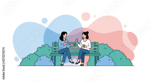 Two women sitting on a bench in a park talking and sharing stories together
