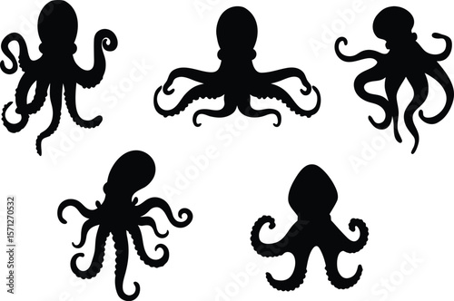 Octopus silhouette black vector isolated on white background, Marine animal & Aquatic life illustration, abstract octopus logo Design – Sea life tentacles underwater symbol