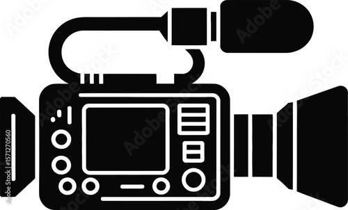 Professional Video Camera Icon in Black Silhouette Symbolizing Broadcast Equipment Filmmaking Technology and Video Production Isolated on White Background for Graphic Design and Creative Projects