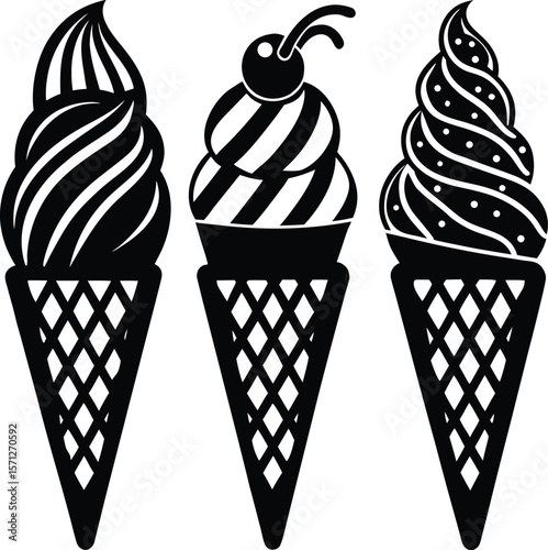 Delicious cartoon ice cream cone set with chocolate, strawberry, and vanilla flavors, frozen dairy, colorful food, dessert illustration, sweet scoop