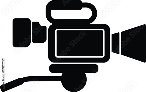 Professional Video Camera Silhouette on Tripod a Simple Black and White Icon for Film Television Videography and Media Production Isolated on a White Background