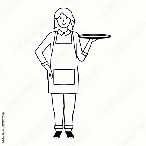 woman in apron holding tray. service occupation