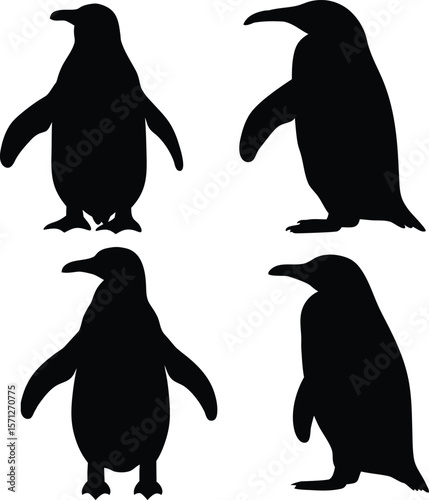 Cute penguin illustrations black & white antarctic wildlife vector art for logos & branding, Penguin & polar bird black silhouette isolated on white background.