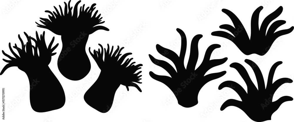 Obraz premium Set of coral reef & ocean black silhouette vector art isolated on white background. Marine life illustrations for aquarium & nature designs