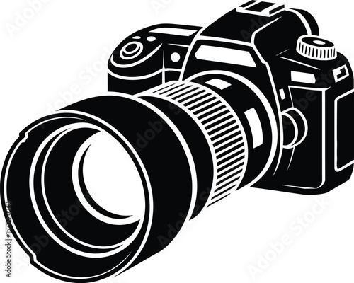 Sleek Black and White Vector Illustration of a Modern Digital SLR Camera with a Large Lens Perfect for Photography and Design Projects