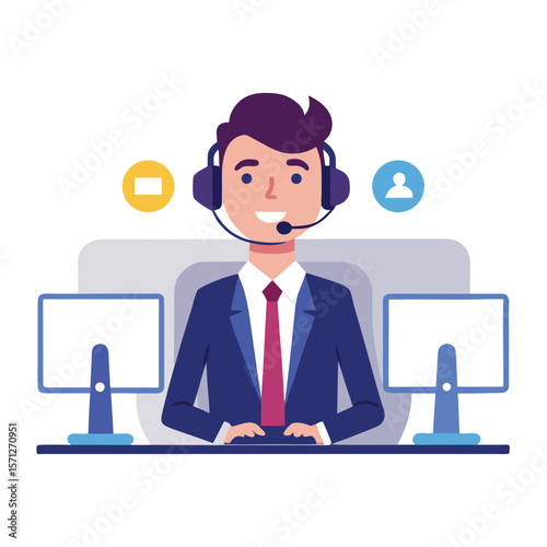 Smiling customer service representative working at a modern help desk office