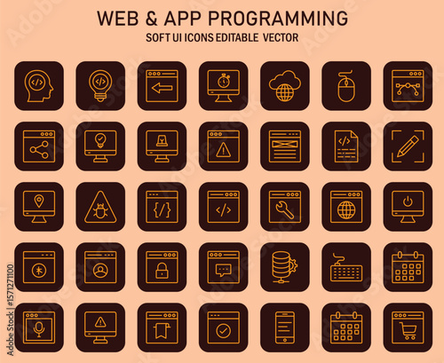 Diverse collection of modern web and application development icons in a soft user interface style for programming