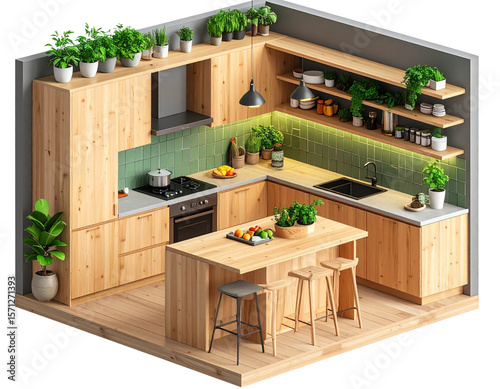  Eco-Friendly Kitchen with Indoor Plants and Natural Materials, isometric 3D render, transparent background