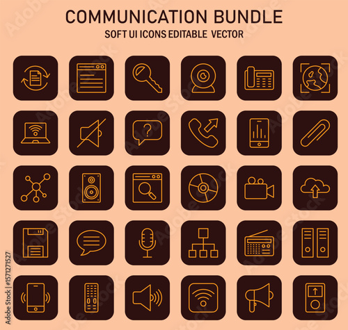 A diverse set of communication and technology icons for interface design and application development showing