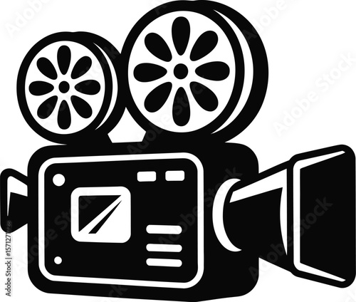 Vintage Film Camera Icon in Black and White Representing Filmmaking Cinema and Nostalgia for Classic Movie Production Equipment and the Art of Visual Storytelling