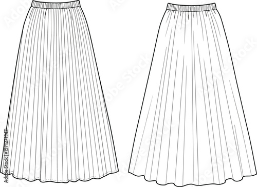 Women’s pleated maxi skirt technical flat fashion sketch with elastic waistband, vector template for sewing pattern and design.