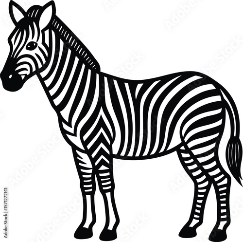 Here's a vectorized illustration of a wild zebra, isolated on a white background, showcasing its striking black and white stripes ,minimalist, clean, flat, ink