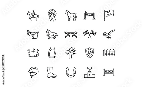 Equestrian Sport Icons: Horse Rider Trophy and Related Equipment Outlined.