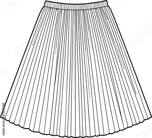 Women’s pleated midi skirt CAD, technical fashion flat, high-waisted, A-line silhouette, vector clothing template.