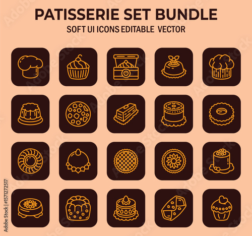 Sophisticated patisserie icons set featuring varied baked goods and confections with soft user interface vector style