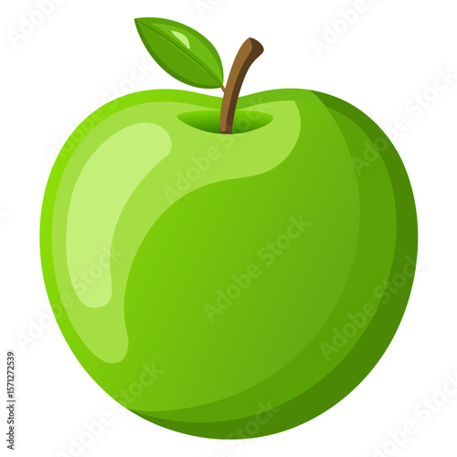 Shiny green apple with leaf and stem fruit healthy