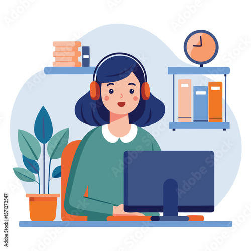 Woman wearing headphones working on computer at home or office with books and plant