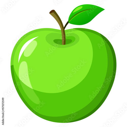 Shiny green apple with leaf and stem fruit healthy