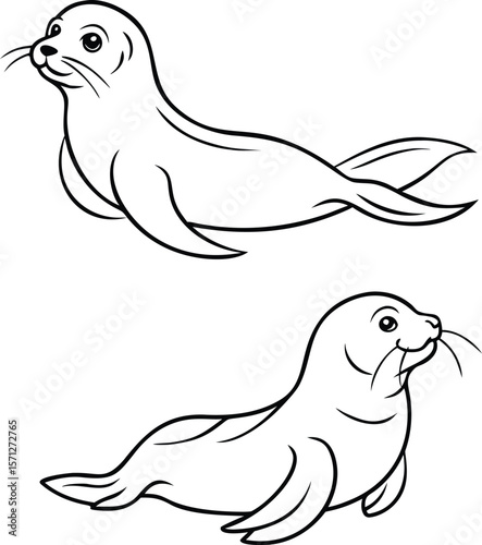 Seal silhouette vector art isolated on solid white background. Outline seal for templates. Cute animal black & white, coloring page seal silhouette vector illustration.