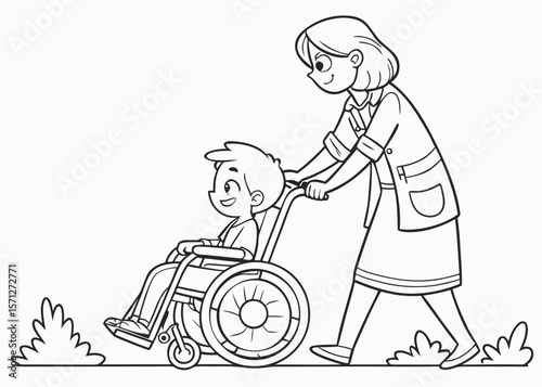 Woman pushing boy in wheelchair outdoors line art outline